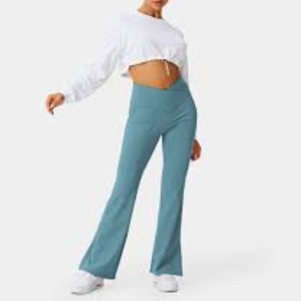 Halara Crossover Pocket Split Hem Full Length Flare Leggings NWT